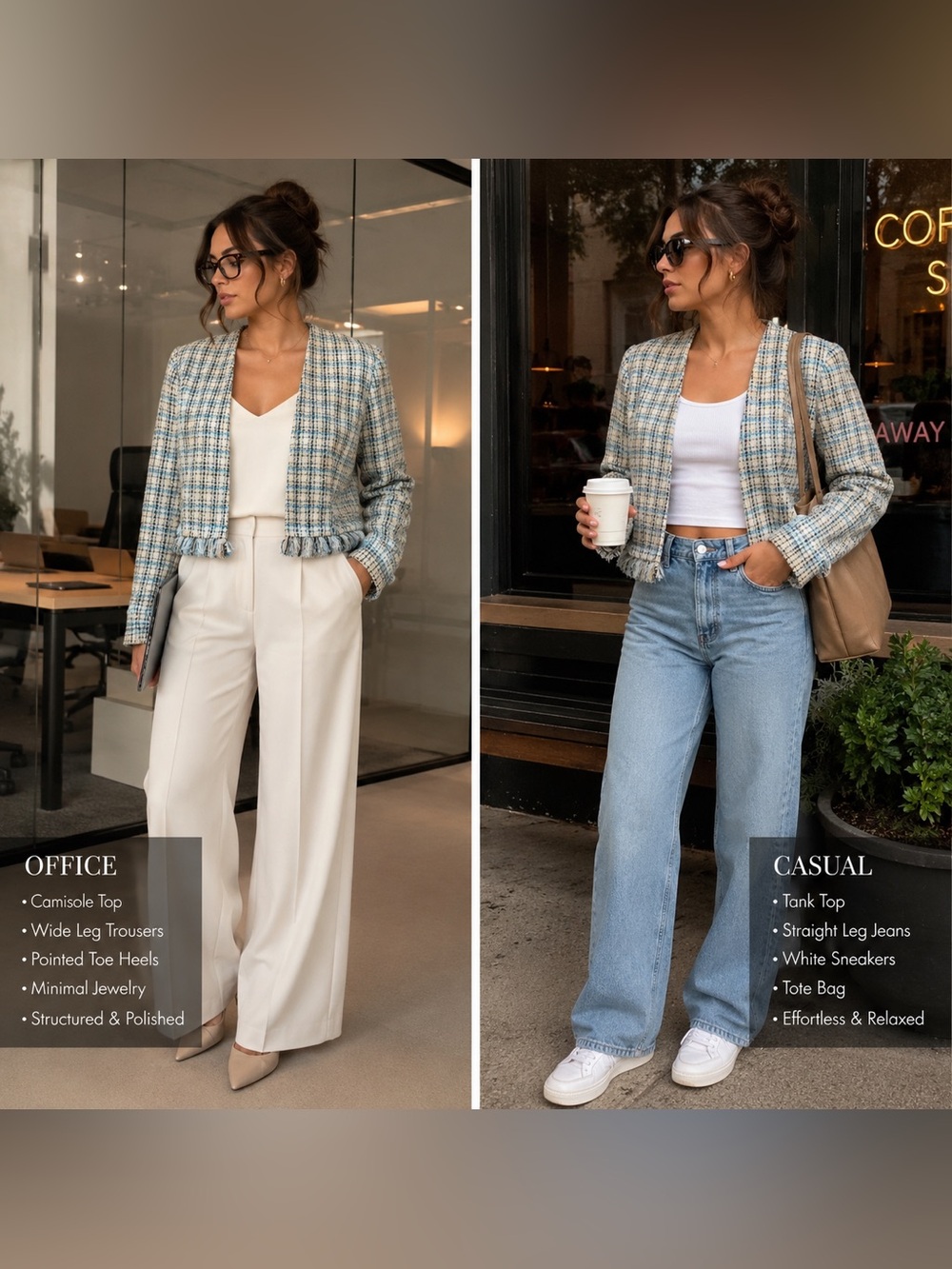 Fringed Open-Front Tweed Jacket in Blue & Cream